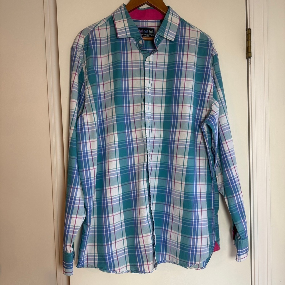 Charleston Threads Plaid Button Down Shirt Men's XL Blue Pink Cotton Long Sleeve